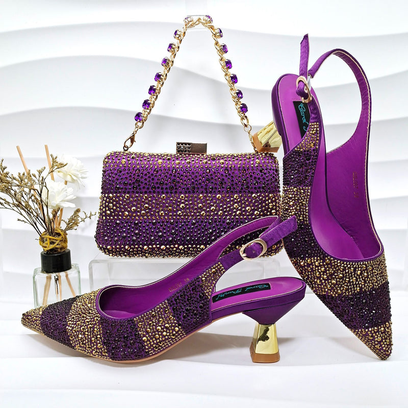 Simple Pointed Striped Delicate Rhinestone Shoe and Bag