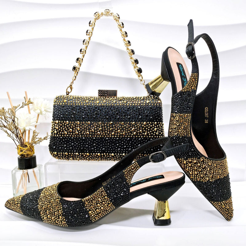 Simple Pointed Striped Delicate Rhinestone Shoe and Bag