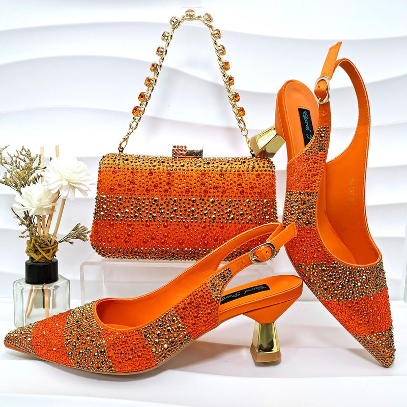 Simple Pointed Striped Delicate Rhinestone Shoe and Bag