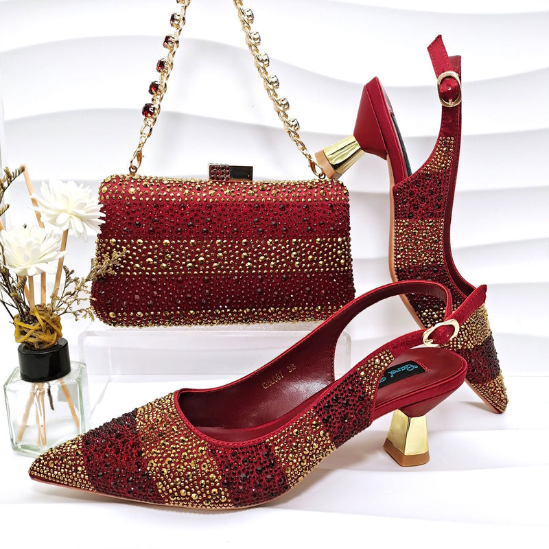 Simple Pointed Striped Delicate Rhinestone Shoe and Bag
