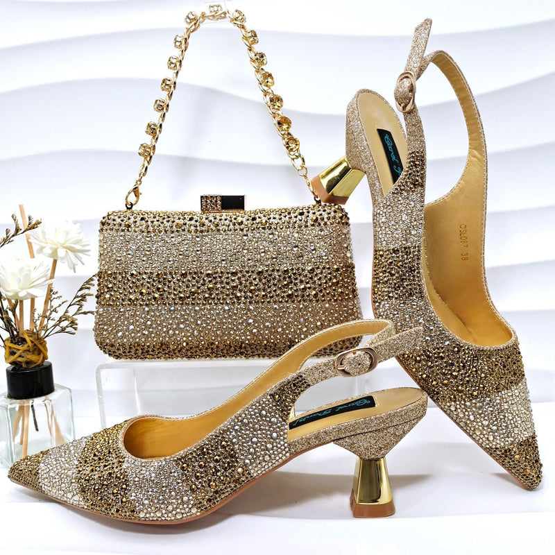 Simple Pointed Striped Delicate Rhinestone Shoe and Bag